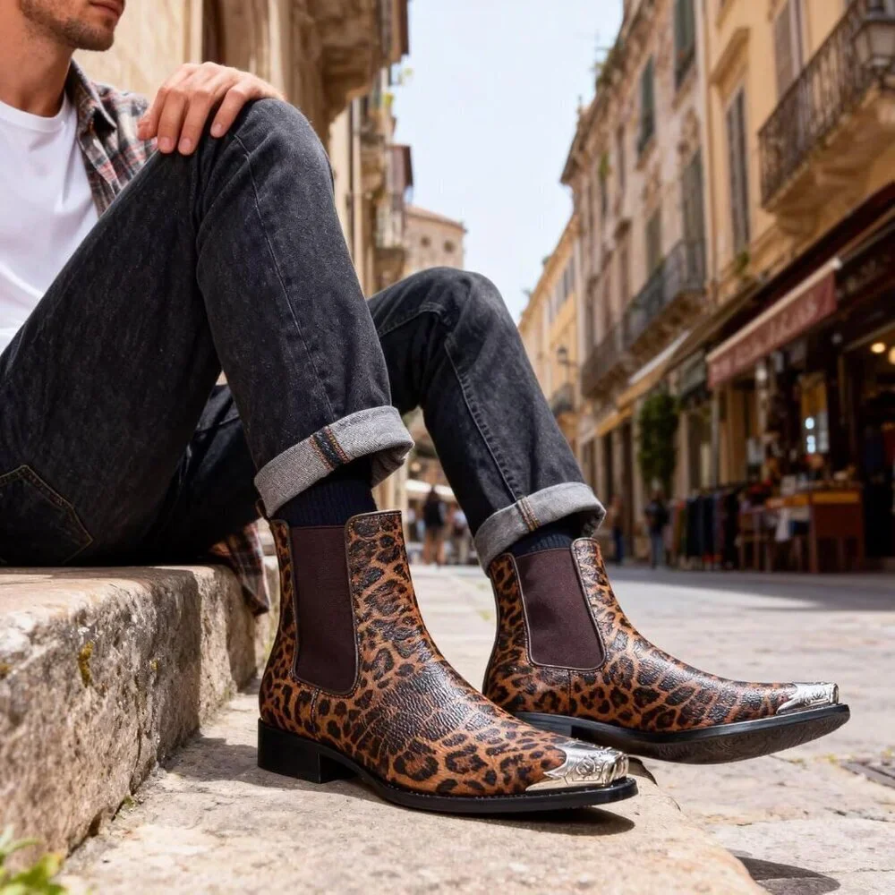 Men’s Brown Chelsea Pointed Metal Toe Leopard Print Ankle Street Style Boots